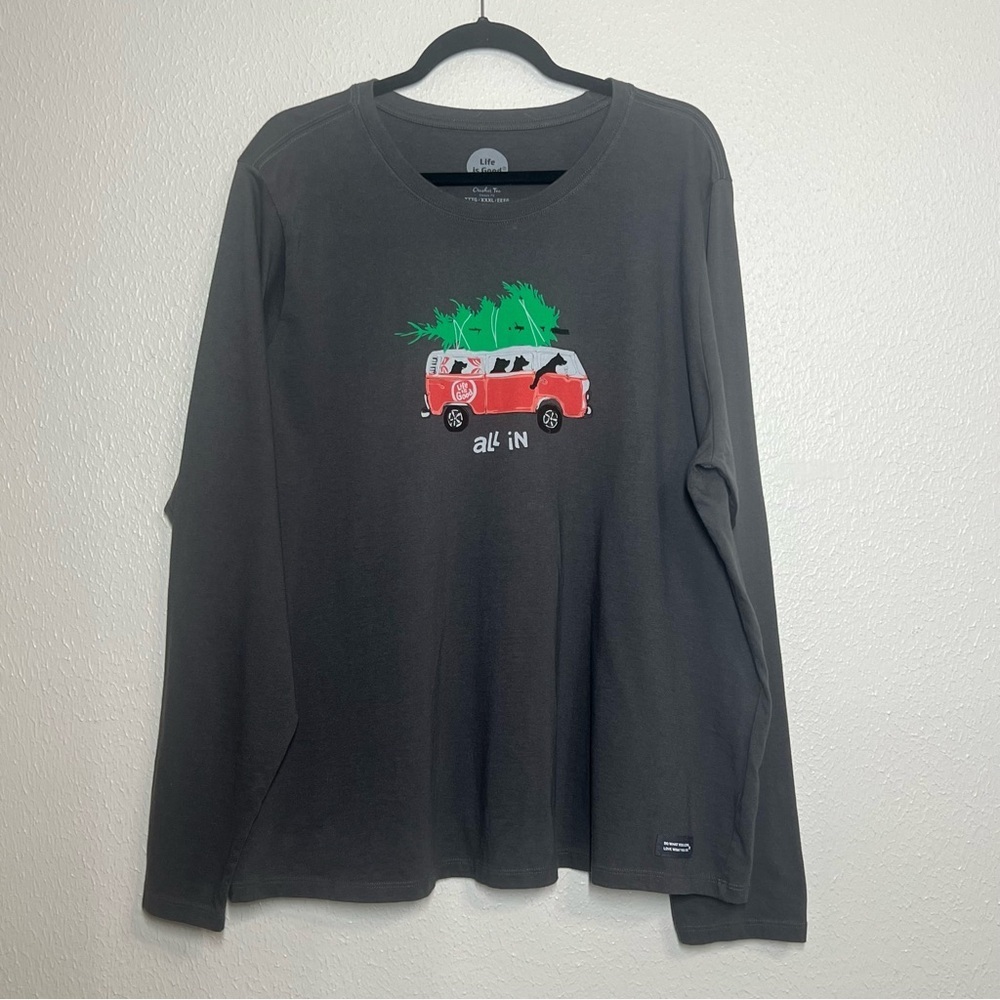 Life is Good Crusher Tee All In Christmas Van Bears Gray Mens XXXL Long Sleeve